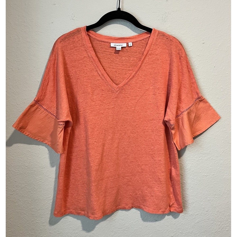 Chico's Women's Top Size 1(M) Coral Pink Linen Short Sleeve Lightweight